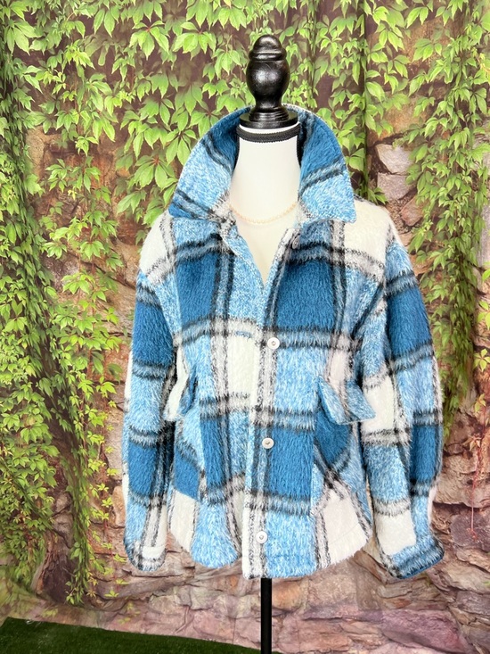 ZARA Blue and White Shaggy Plaid Button Front Casual Jacket, L - Picture 2 of 11